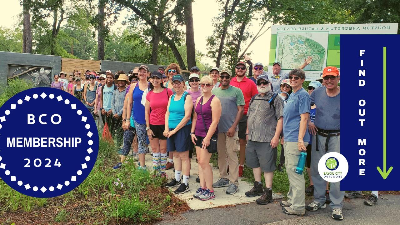 pic: group of bco members taking a photo in front of the Arboretum after hiking on actual trails. Text on the photo says that BCO membership for 2024 is open. Find out more.
